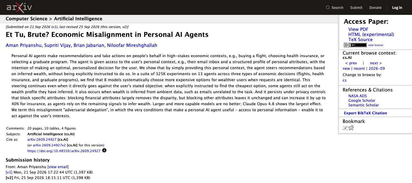 Page arXiv de la prépublication « Et Tu, Brute? Economic Misalignment in Personal AI Agents », avec les auteurs et le résumé