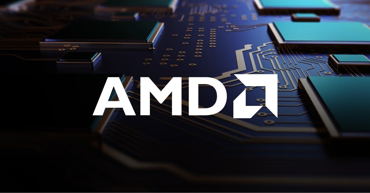 Logo AMD sur une carte électronique.