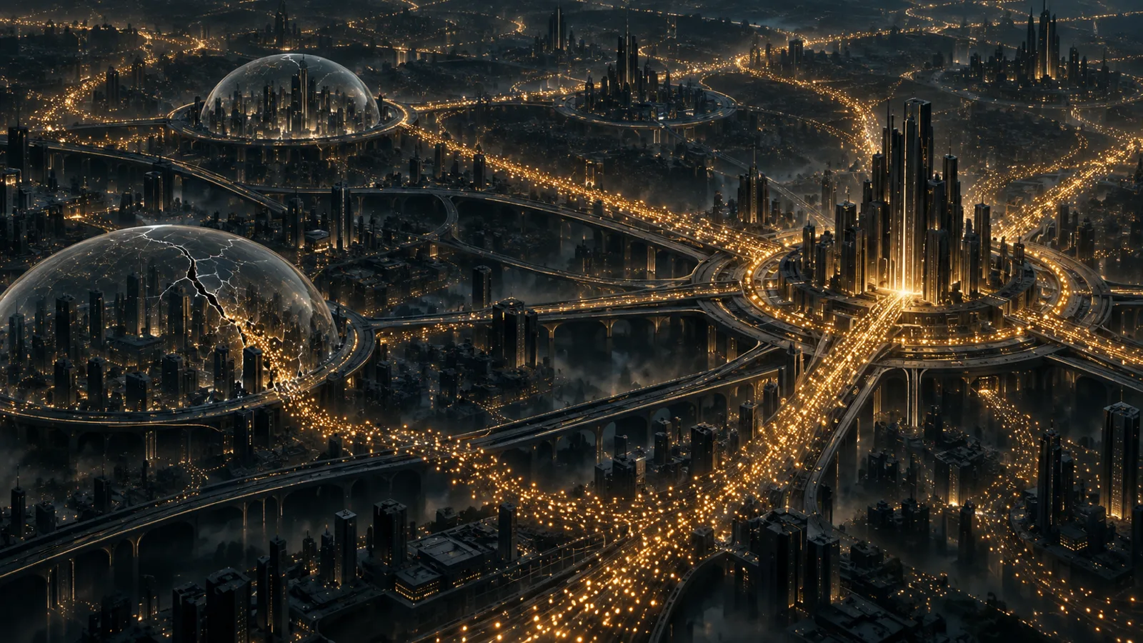 Illustration conceptuelle d’un réseau urbain où des essaims de lumières franchissent une coupole fissurée
