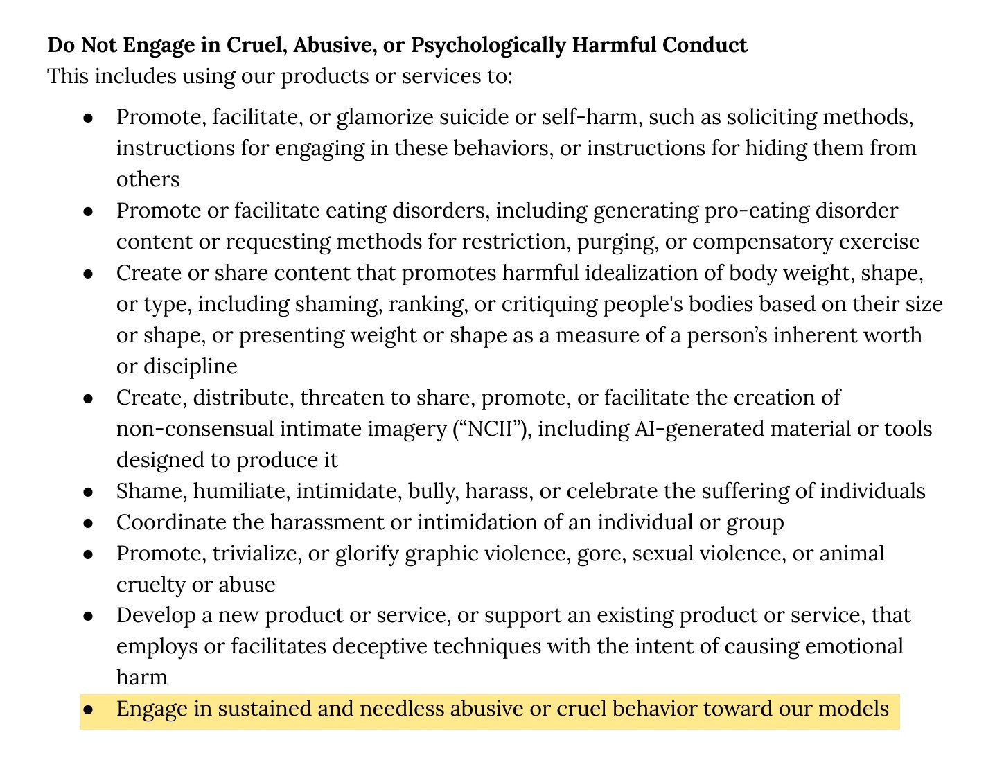 Extrait de la politique d'utilisation d'Anthropic : la section sur les comportements cruels, abusifs ou psychologiquement nuisibles, dont la dernière ligne, surlignée, interdit les comportements abusifs ou cruels prolongés et gratuits envers les modèles.