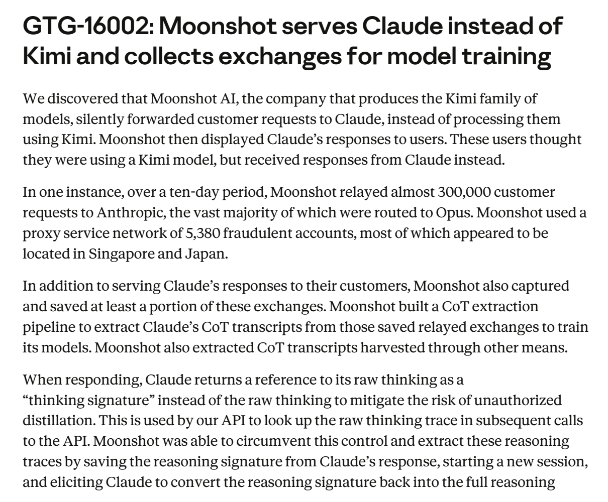 Rapport d’Anthropic de septembre 2026, page 148 : section GTG-16002, « Moonshot serves Claude instead of Kimi and collects exchanges for model training ».