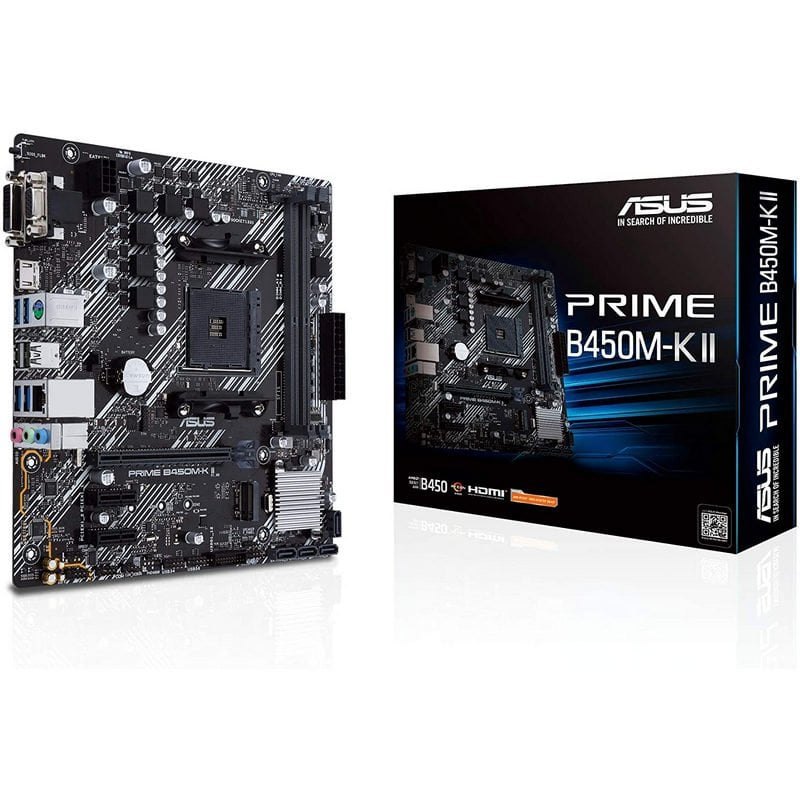 ASUS Prime B450M-K II, carte et boîte, photo marchand.