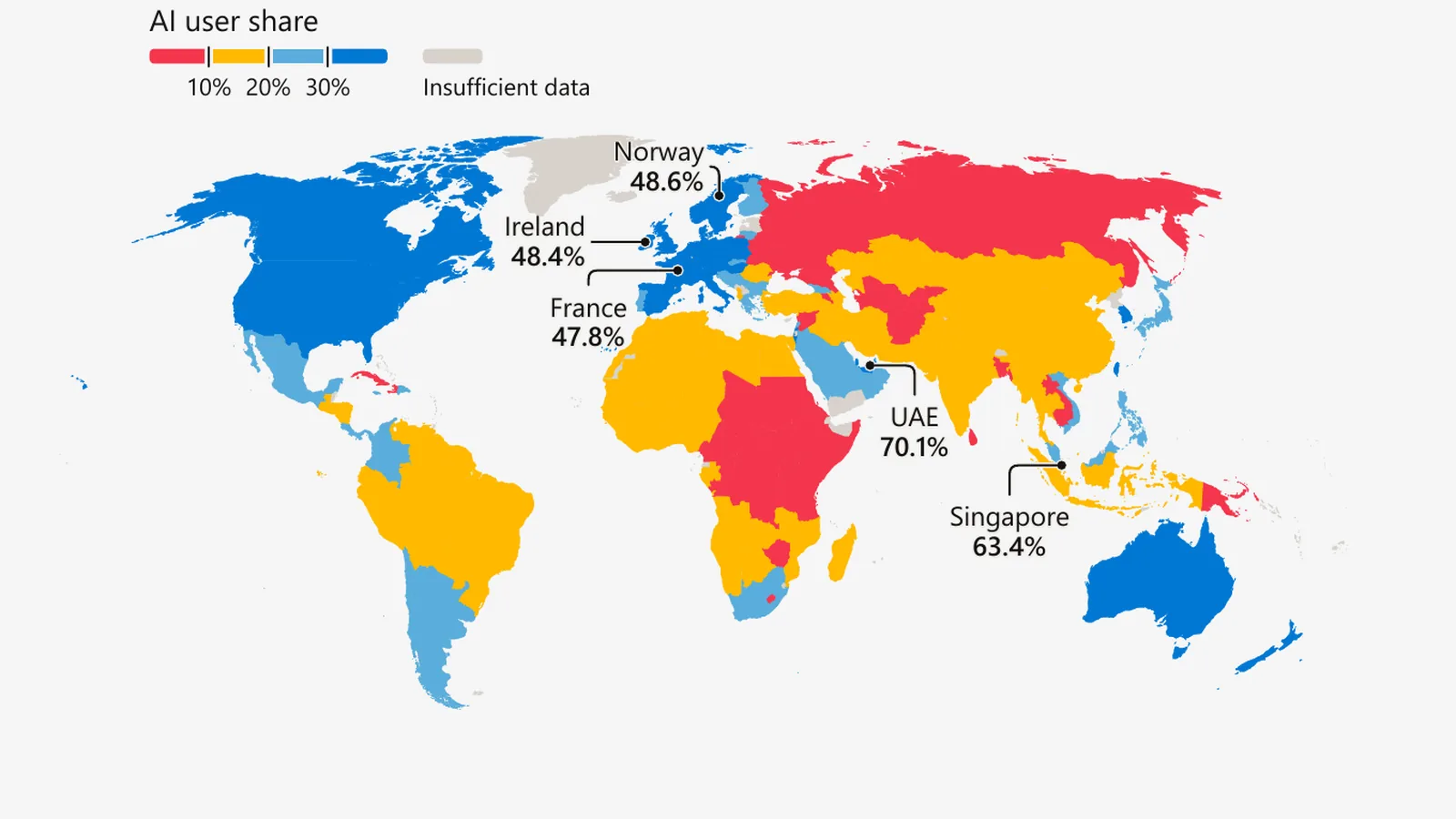 Carte Microsoft : diffusion de l'IA générative par économie, mars 2026