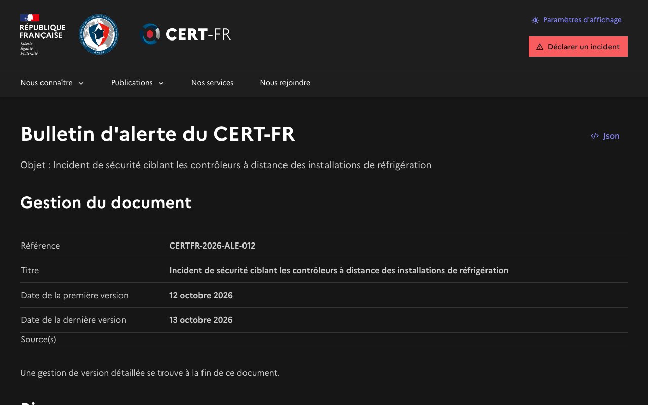 Capture du bulletin d'alerte du CERT-FR daté des 12 et 13 octobre 2026, référence CERTFR-2026-ALE-012.
