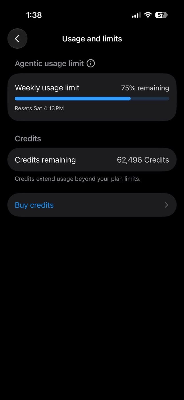 Écran « Usage and limits » de l’application mobile ChatGPT : limite hebdomadaire à 75 % restant et 62 496 crédits restants.