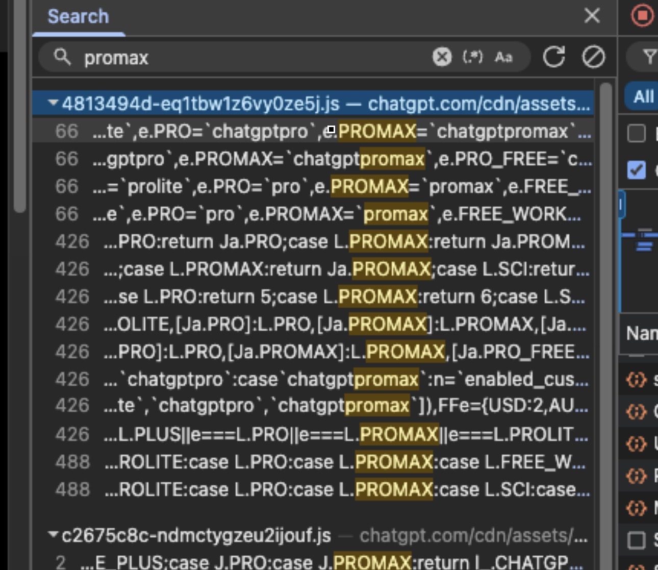 Capture des fichiers JavaScript de chatgpt.com : recherche « promax », constantes PROMAX et chatgptpromax.