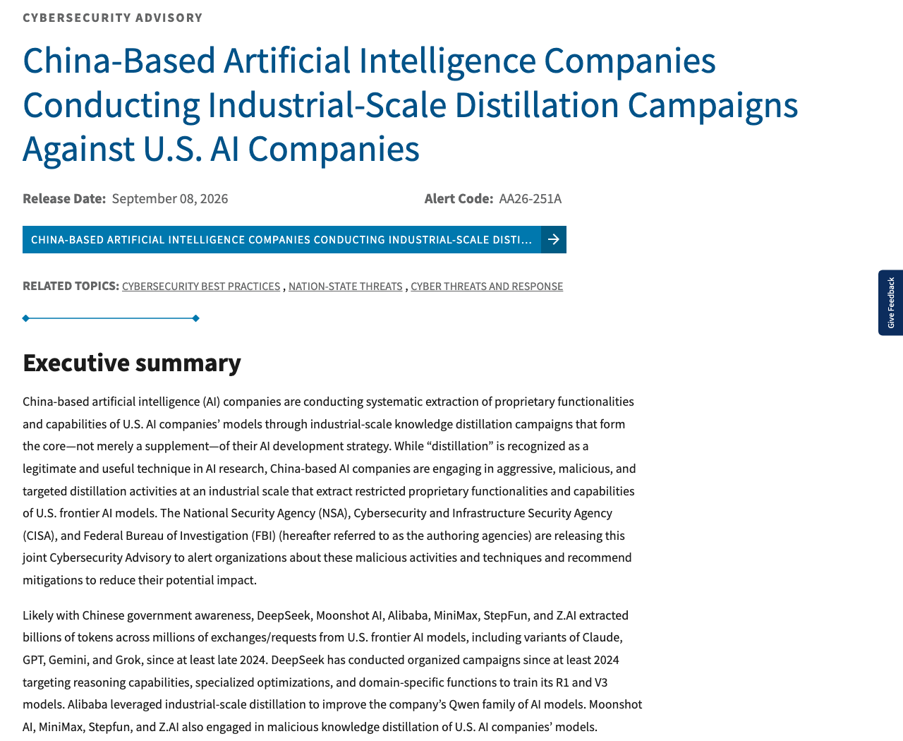 Avis de cybersécurité AA26-251A de la CISA, publié le 8 septembre 2026, sur les campagnes de distillation de labos chinois.