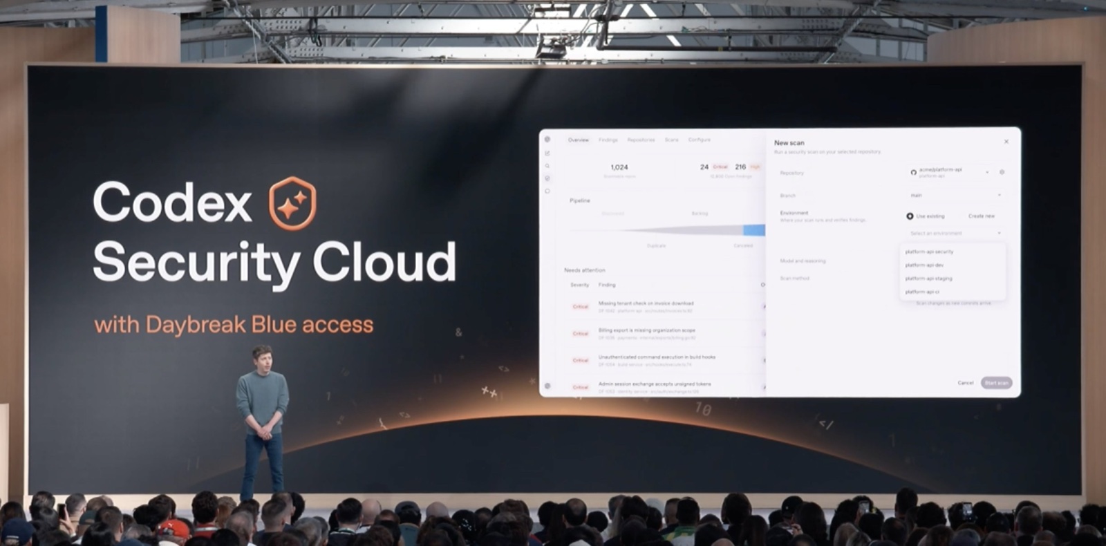 Photo de la keynote du DevDay 2026 : un intervenant sur scène devant un écran géant « Codex Security Cloud with Daybreak Blue access ».