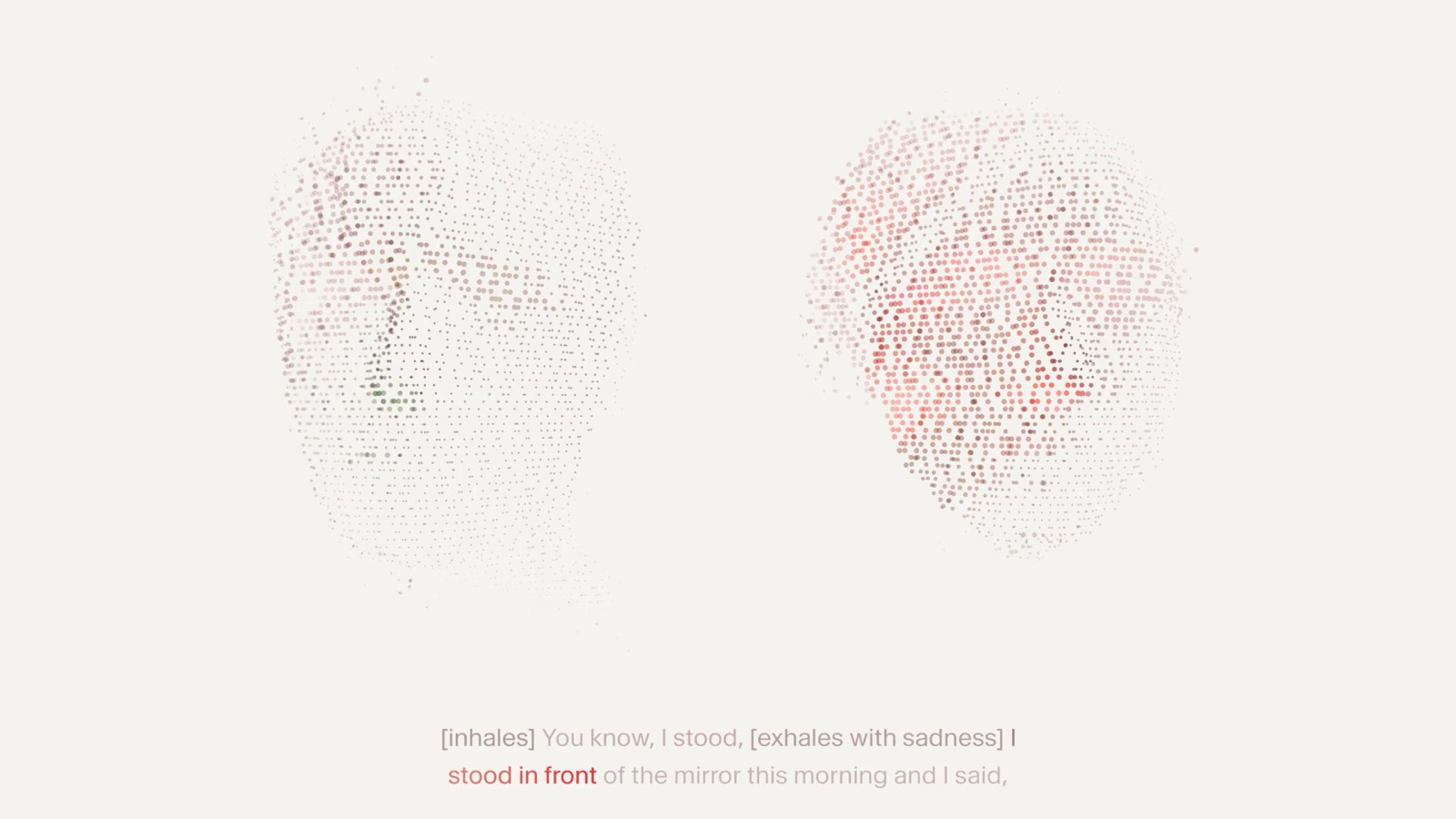 Image de la vidéo d'annonce : une phrase avec les balises [inhales] et [exhales with sadness] au-dessus de deux visages en nuage de points.