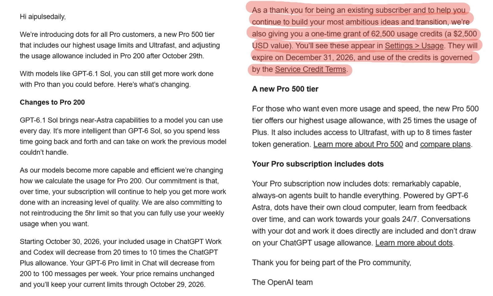 Capture de l’e-mail d’OpenAI aux abonnés Pro 200 : baisse de 20× à 10× Plus au 30 octobre, et paragraphe surligné sur la subvention unique de 62 500 crédits valant 2 500 dollars, expirant le 31 décembre 2026.
