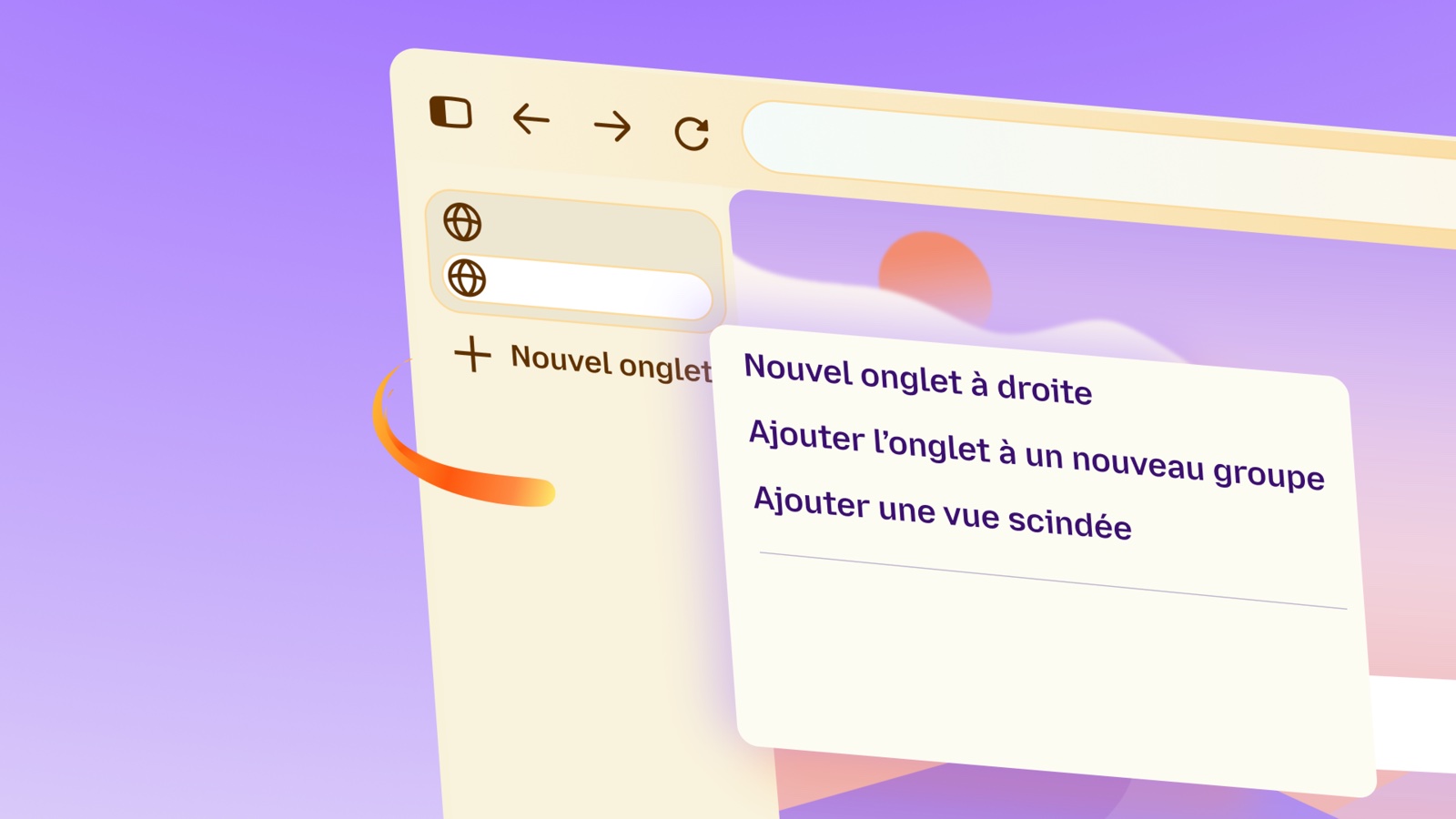 Illustration officielle Mozilla en français : menu contextuel d’onglet avec « Nouvel onglet à droite », « Ajouter l’onglet à un nouveau groupe » et « Ajouter une vue scindée ».