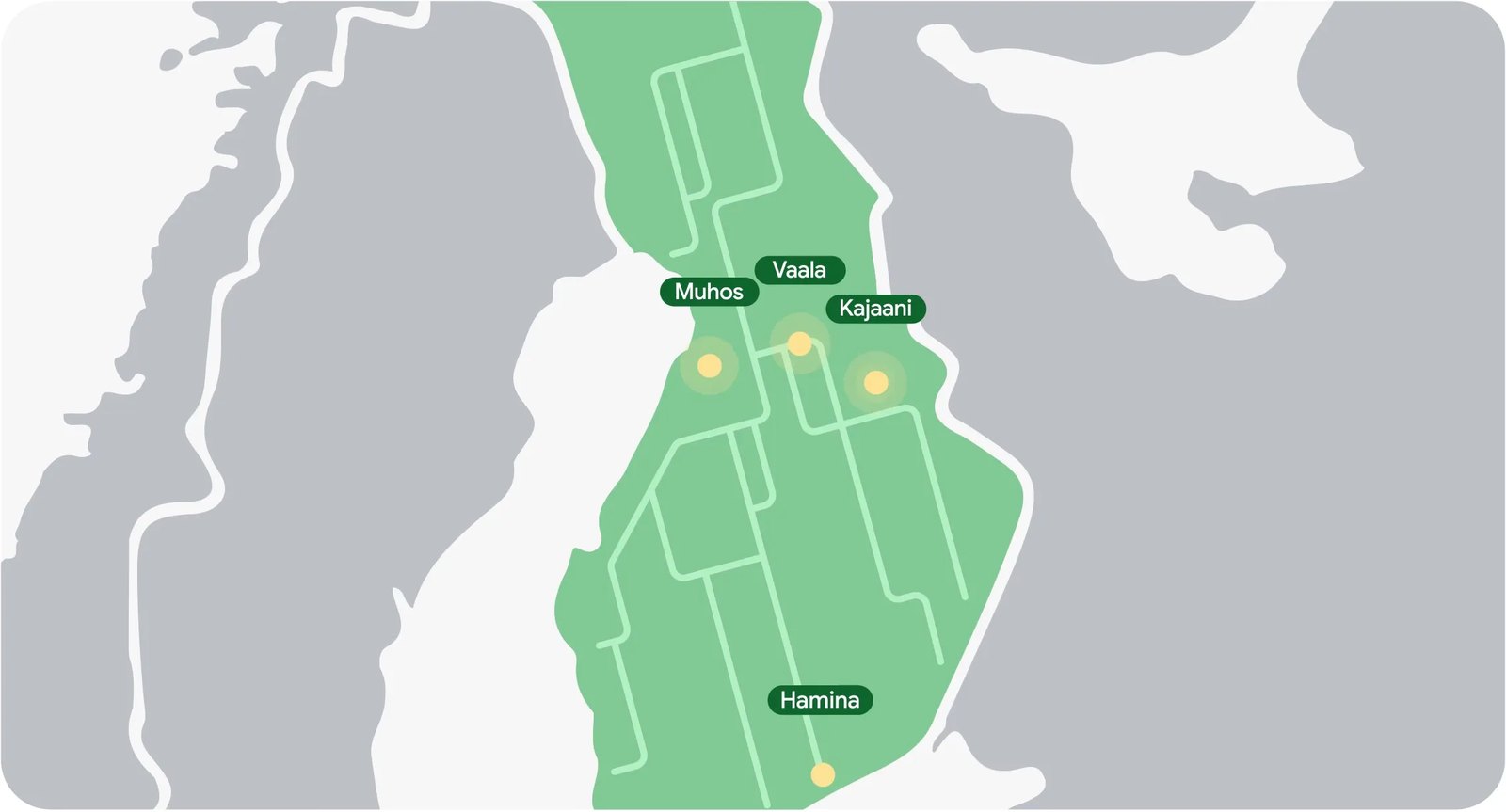 Carte de Google montrant ses quatre sites de data centers en Finlande : Muhos, Vaala, Kajaani et Hamina