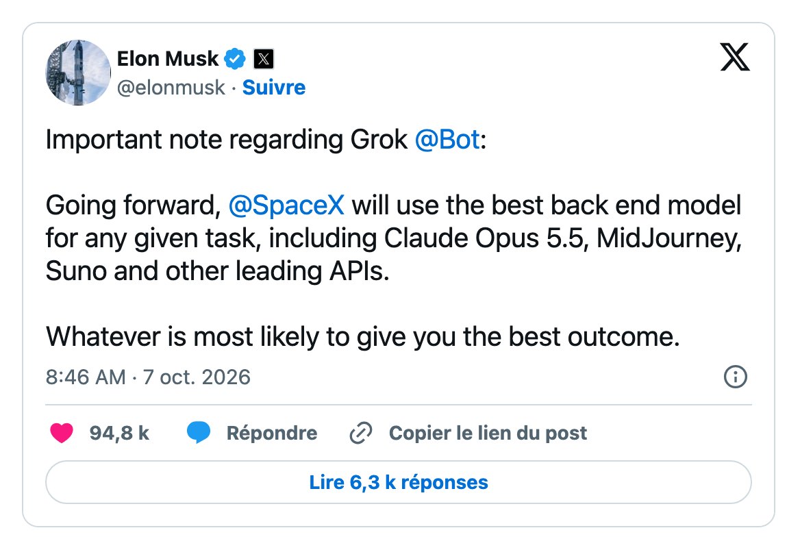 Capture du message d'Elon Musk sur X, le 7 octobre 2026 à 8 h 46, annonçant que Grok Bot utilisera Claude Opus 5.5, Midjourney et Suno.