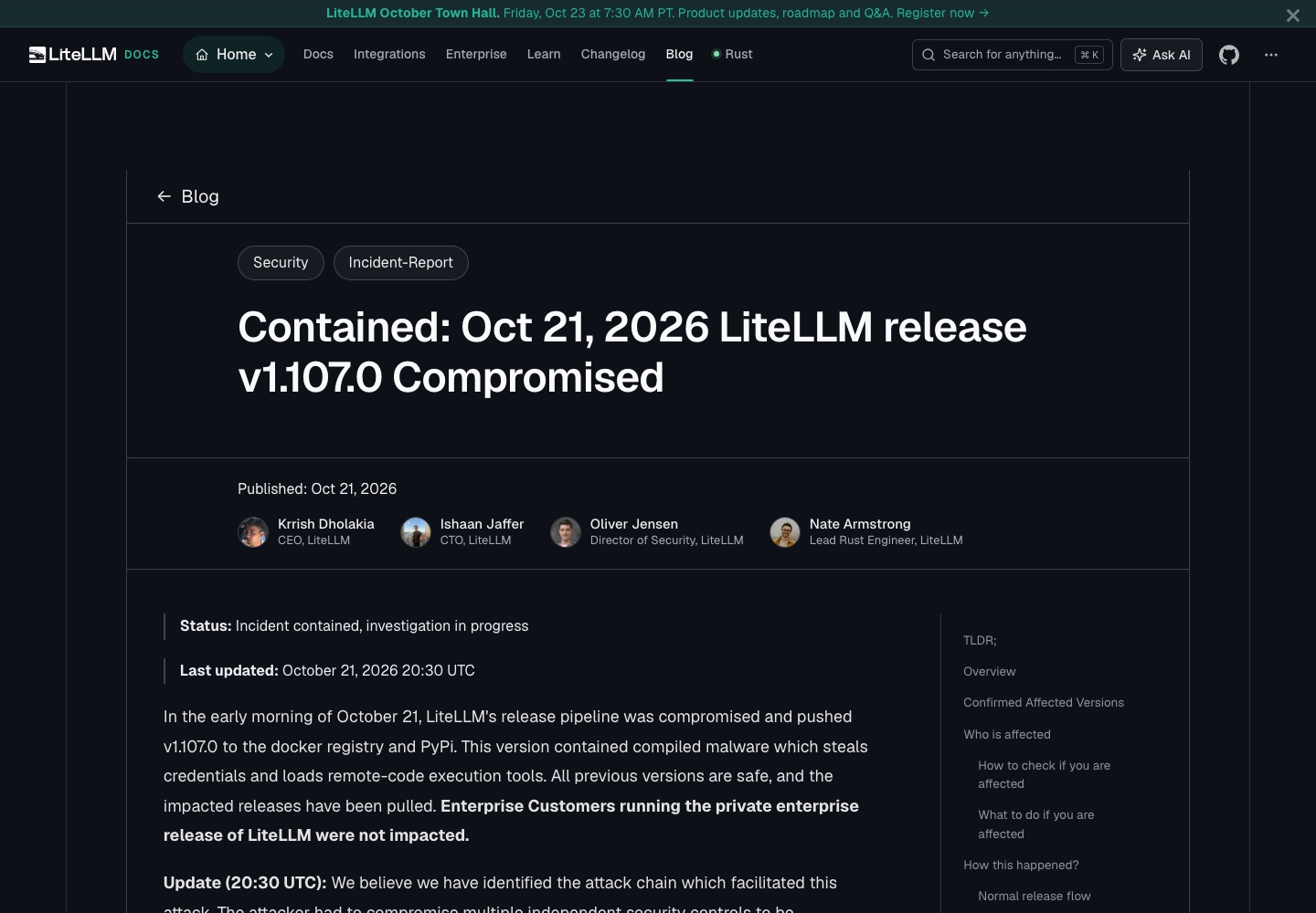 LiteLLM 1.107.0 piégée : un voleur de secrets publié sur PyPI et Docker