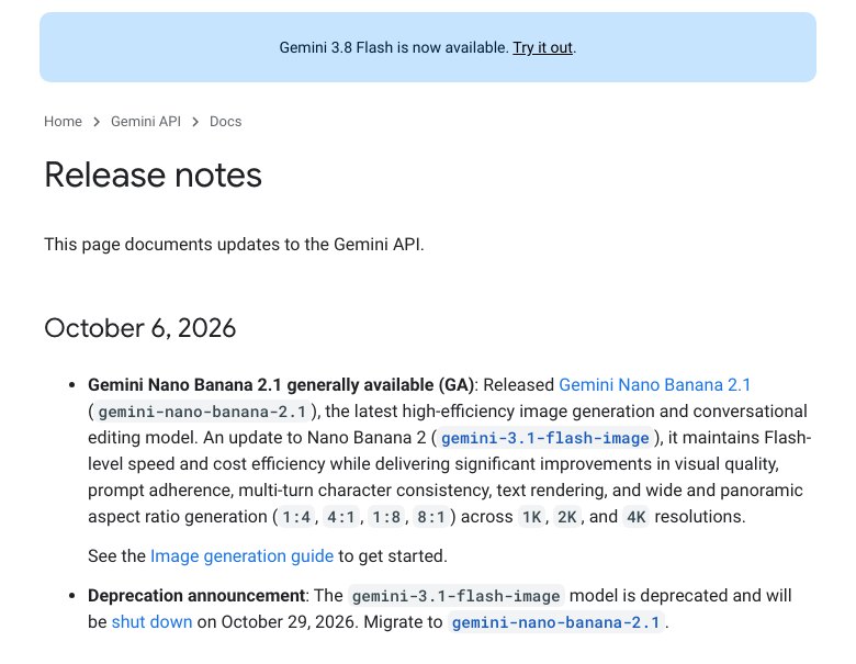 Capture des notes de version de l’API Gemini du 6 octobre 2026 : disponibilité de Nano Banana 2.1 et dépréciation de gemini-3.1-flash-image.