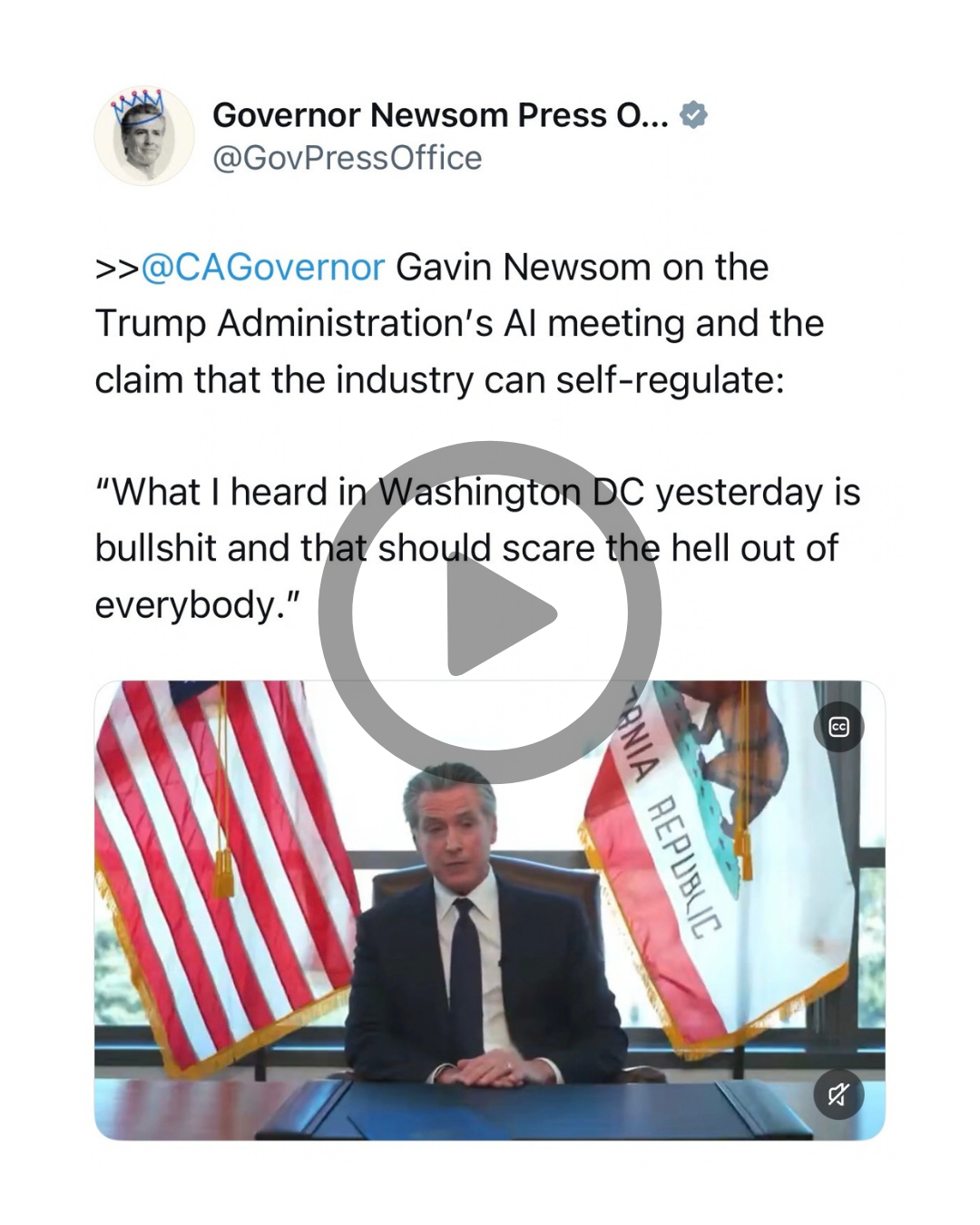 Capture du post du compte @GovPressOffice : Gavin Newsom sur la réunion IA de l’administration Trump et l’autorégulation de l’industrie.