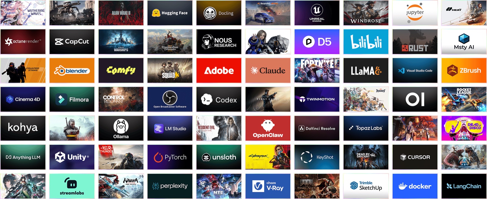 Mur de logos de jeux et d'applications sur la page RTX Spark de NVIDIA : Fortnite, Counter-Strike 2, Cyberpunk 2077, Alan Wake II, Blender, Adobe, Claude, Codex, Cursor, Ollama, PyTorch, LM Studio, DaVinci Resolve et d'autres.