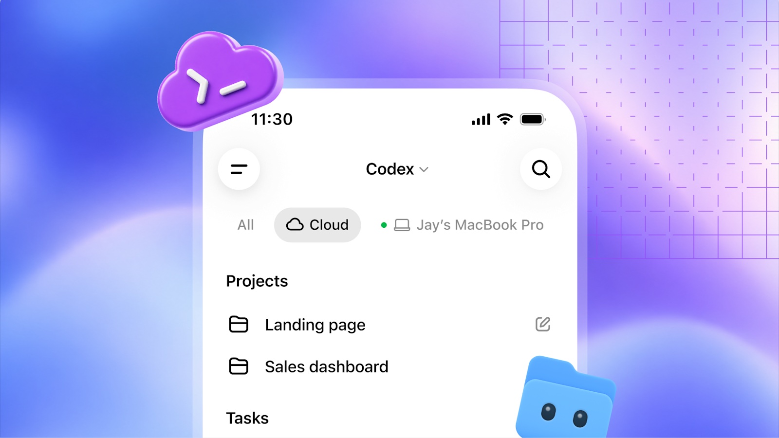 Visuel officiel OpenAI : l’interface Codex sur téléphone, onglet Cloud, avec des projets « Landing page » et « Sales dashboard ».