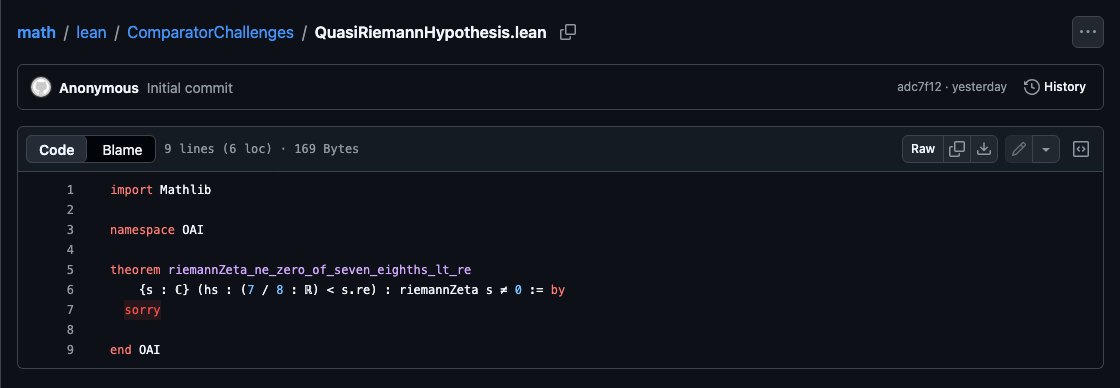 Capture du fichier Lean QuasiRiemannHypothesis.lean dans le dépôt openai/math, énonçant que la fonction zêta ne s'annule pas pour une partie réelle supérieure à 7/8