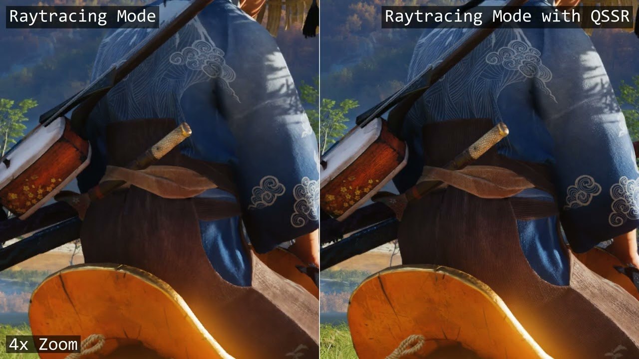 Comparaison zoomée de Ghost of Yōtei : mode ray tracing à gauche, mode ray tracing avec QSSR à droite.