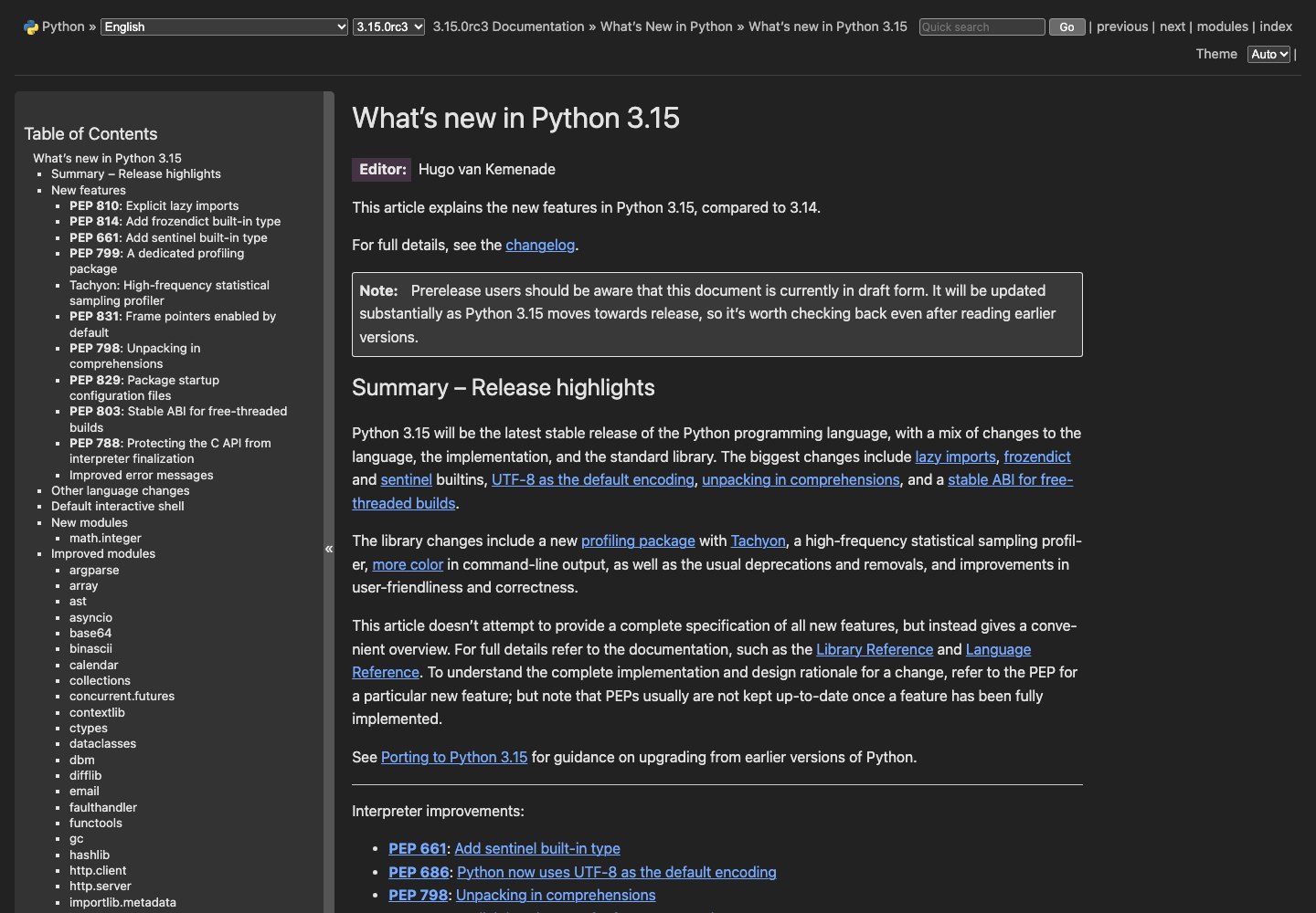 Page « What's new in Python 3.15 » de la documentation officielle, avec la liste des PEP au sommaire.