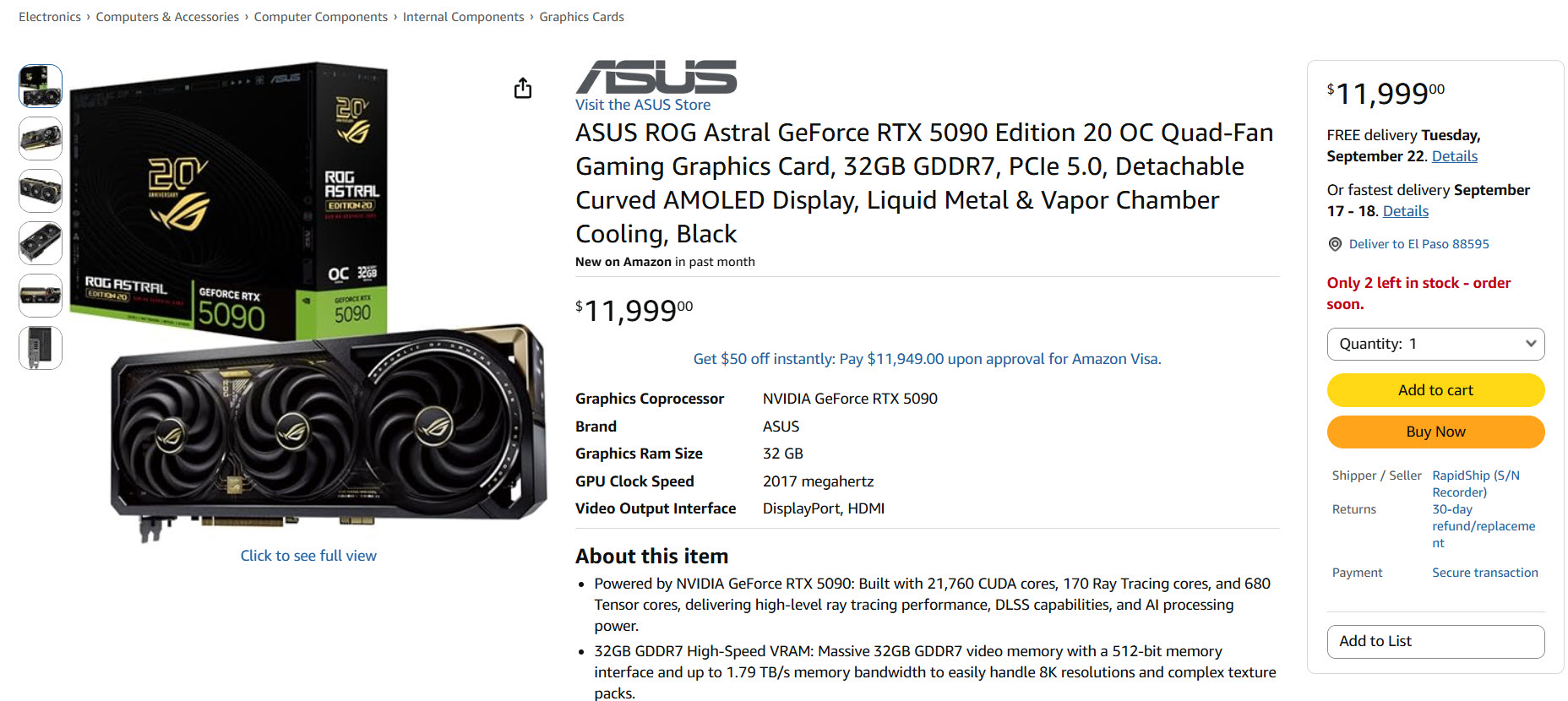 Fiche Amazon, ROG Astral RTX 5090 Edition 20 à 11 999 $, capture Wccftech.
