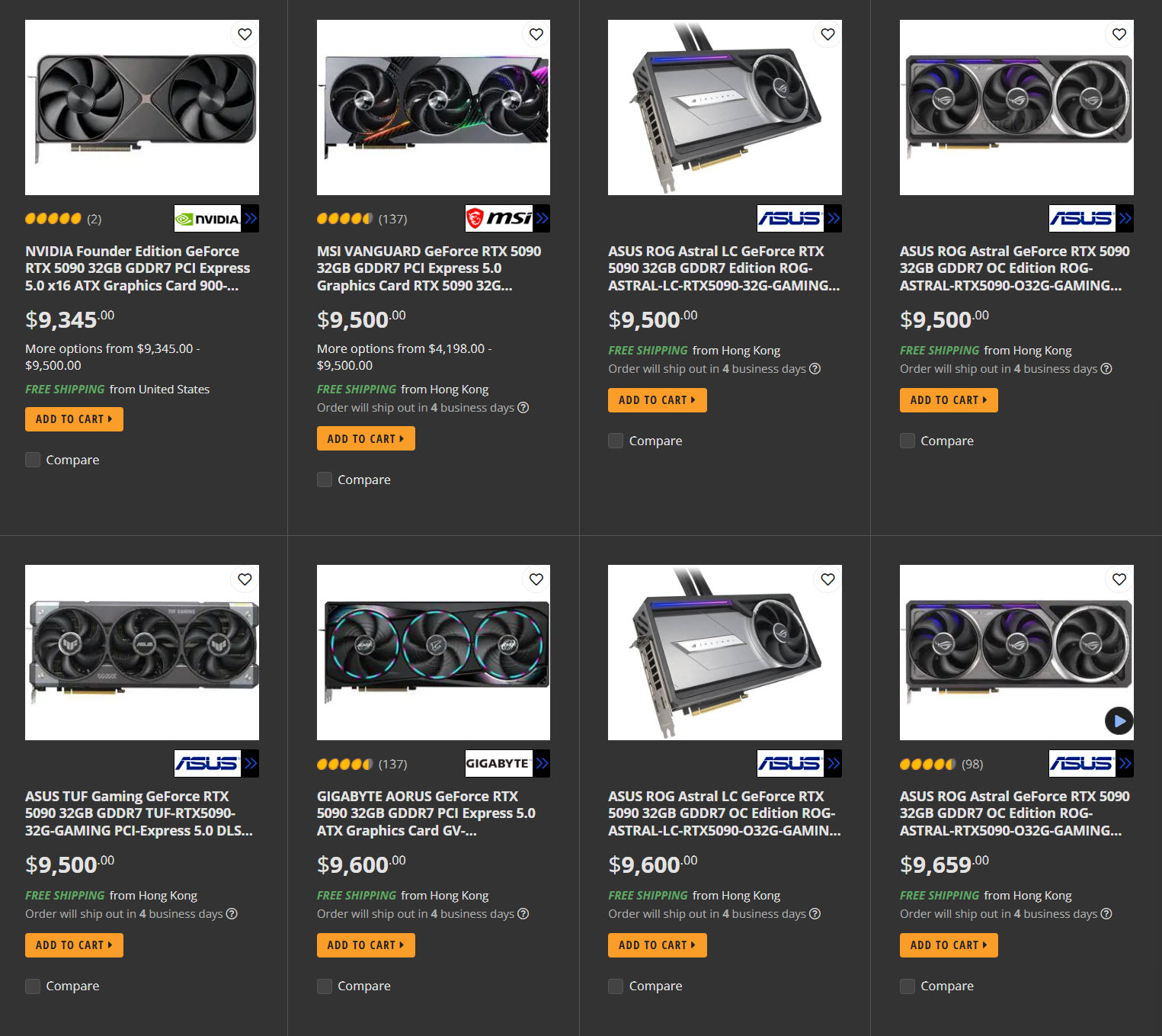 Captures Newegg, 15 septembre 2026 : RTX 5090 marketplace entre environ 9 345 et 9 659 $.
