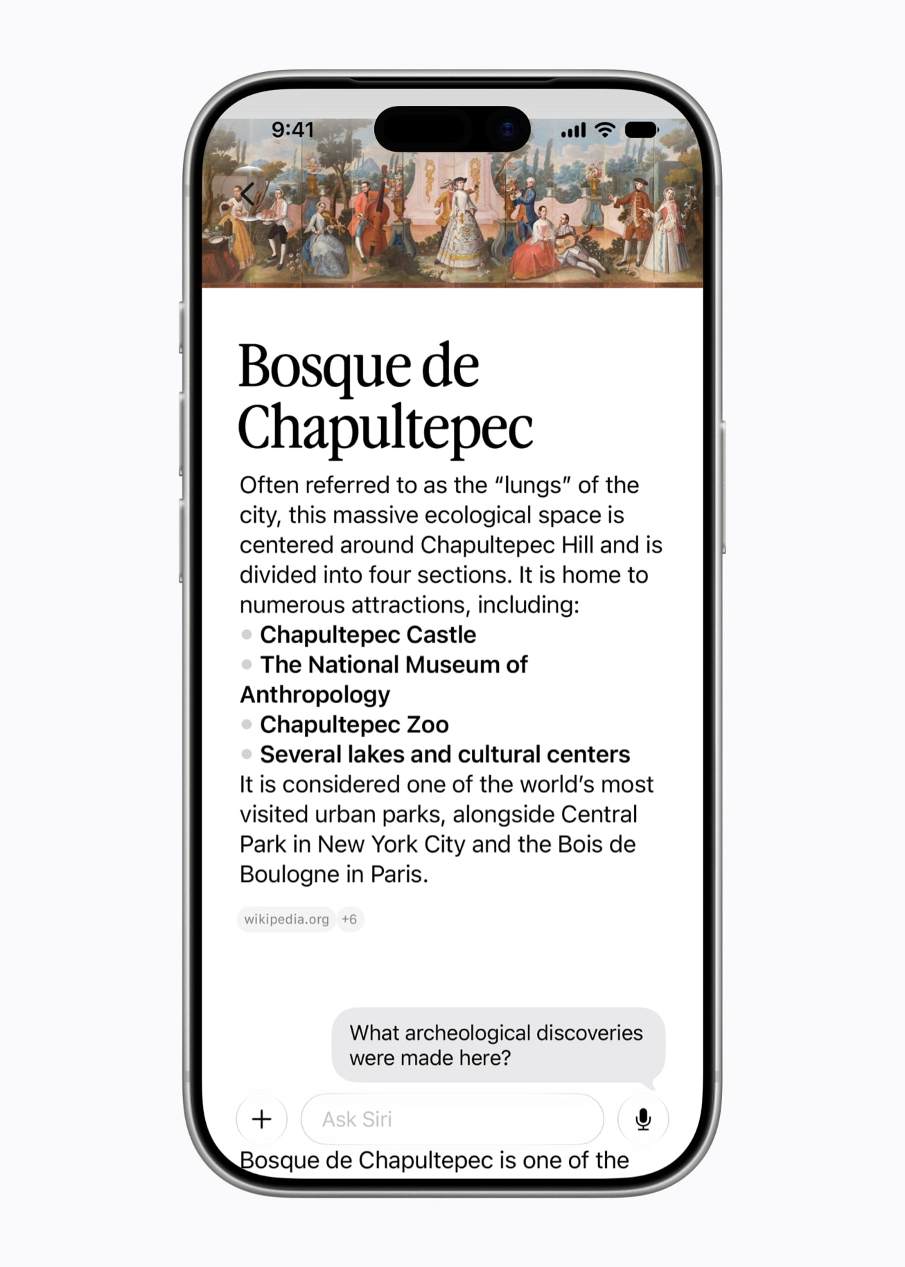 L’app Siri sur iPhone : une réponse illustrée sur le Bosque de Chapultepec, puis une question de suivi.