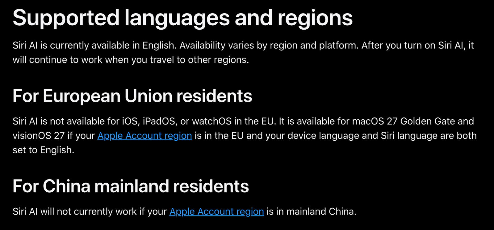 Fiche d’assistance Apple : Siri AI indisponible sur iOS, iPadOS et watchOS dans l’UE, disponible sur macOS 27 et visionOS 27 si le compte est dans l’UE et la langue réglée en anglais.