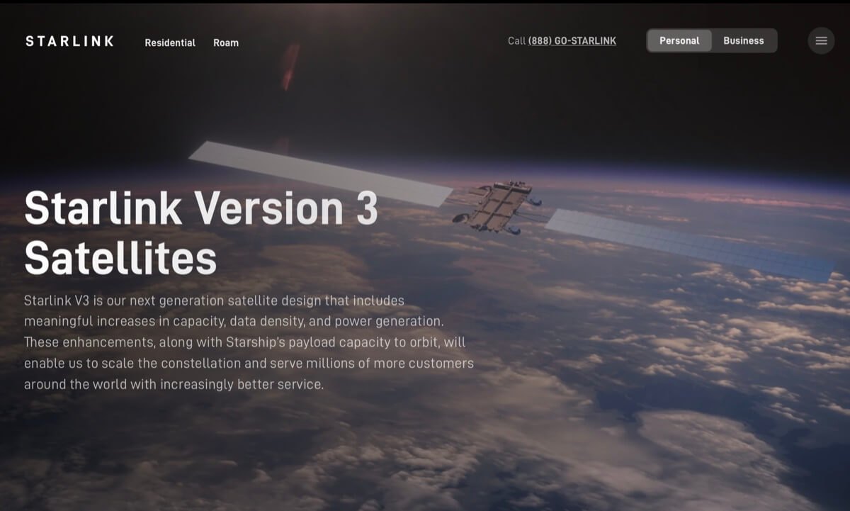 Page de présentation des satellites Starlink Version 3 au-dessus de la Terre.