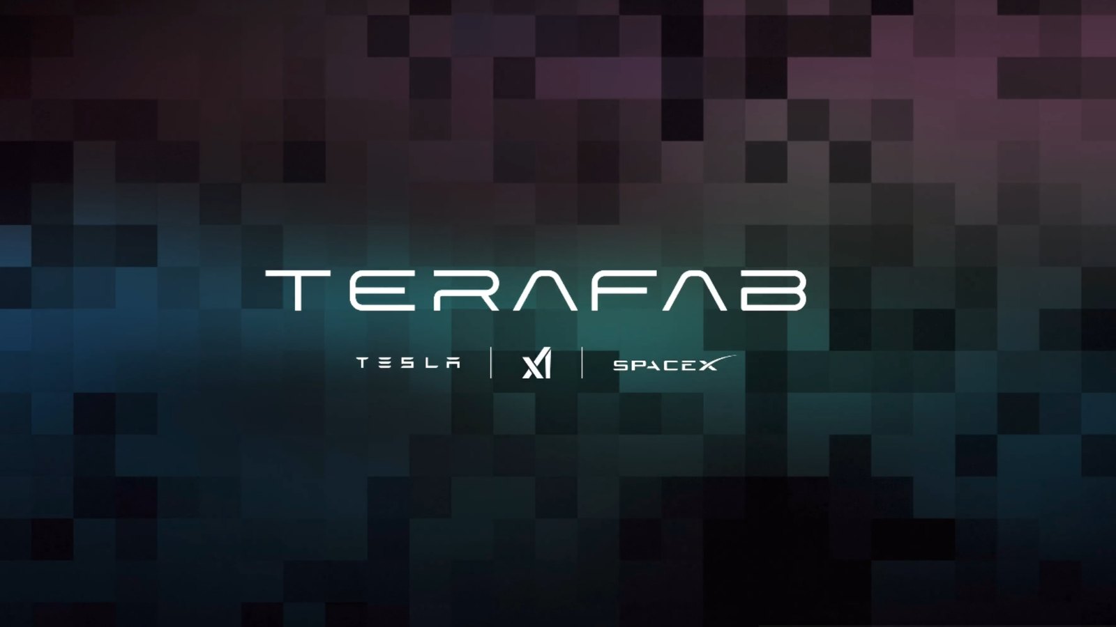 Logo Terafab sur fond de pixels, avec les logos Tesla, xAI et SpaceX.