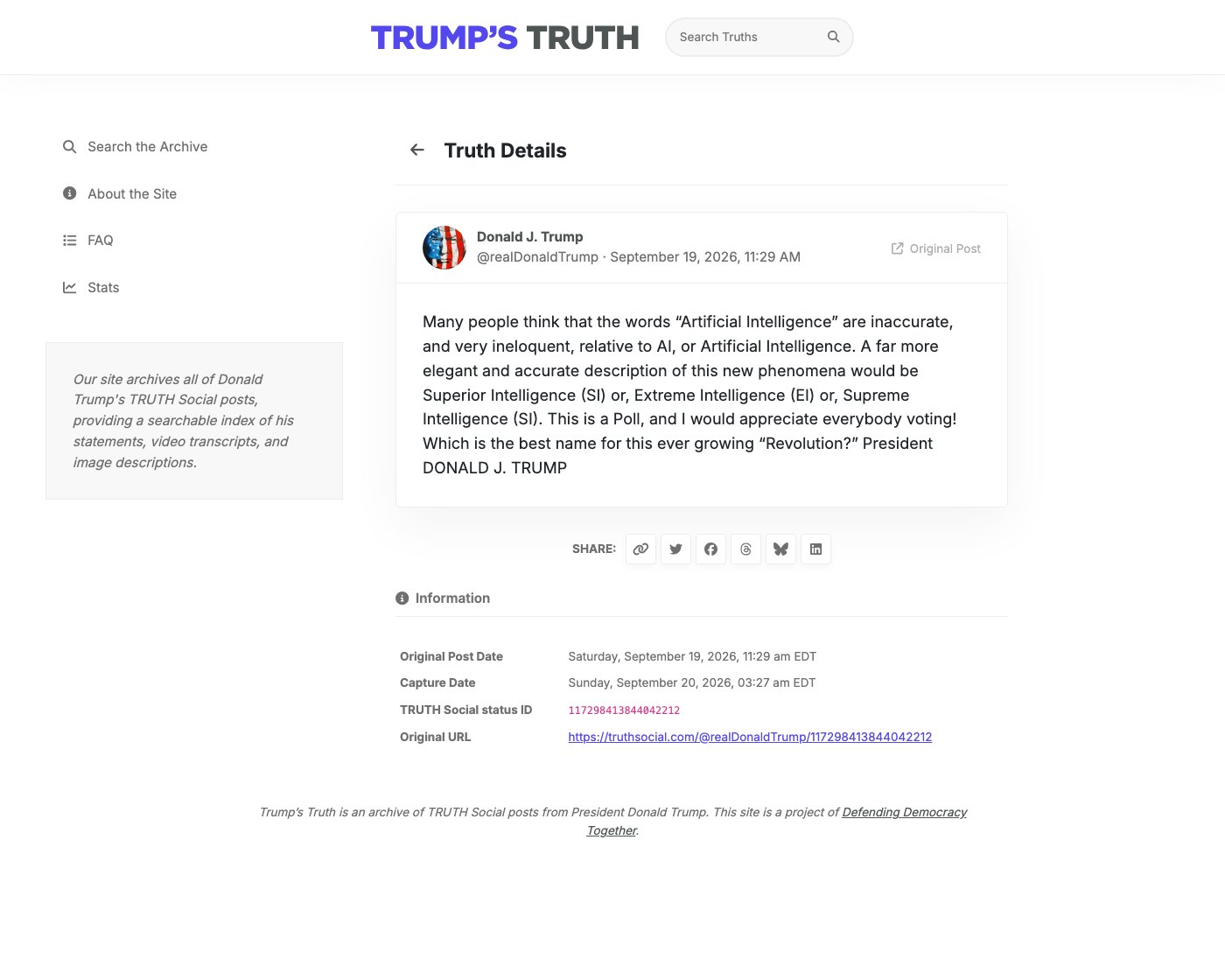 Archive du post Truth Social du 19 septembre 2026, 11 h 29 EDT, proposant Superior, Extreme ou Supreme Intelligence.