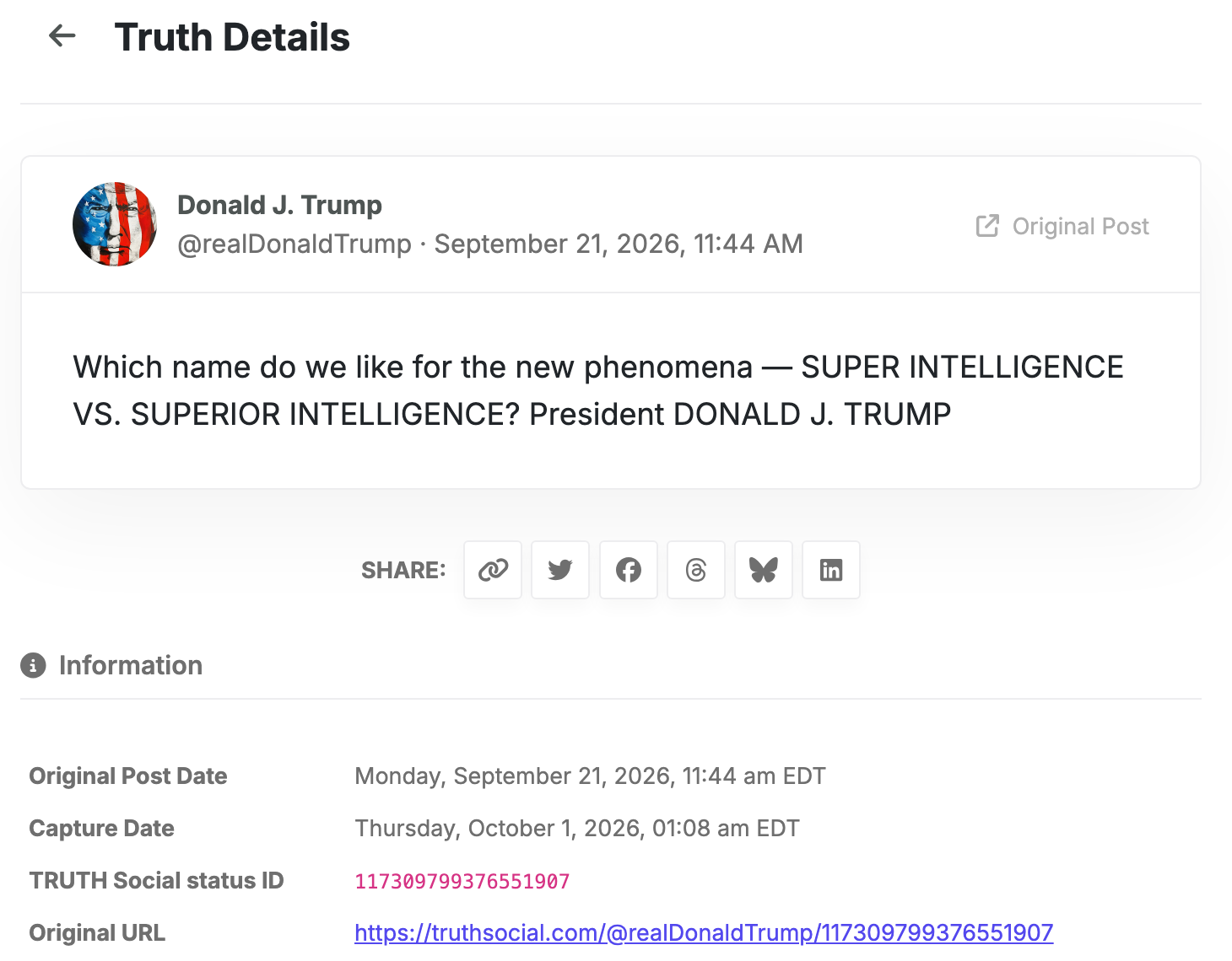 Archive du post Truth Social du 21 septembre 2026 : « Which name do we like for the new phenomena — SUPER INTELLIGENCE VS. SUPERIOR INTELLIGENCE? »