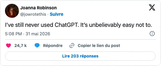 Message public de Joanna Robinson, 31 mai 2026