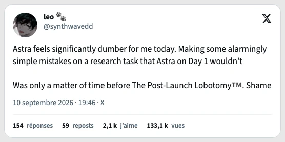 Retranscription du message public de synthwavedd sur X, 10 septembre 2026.