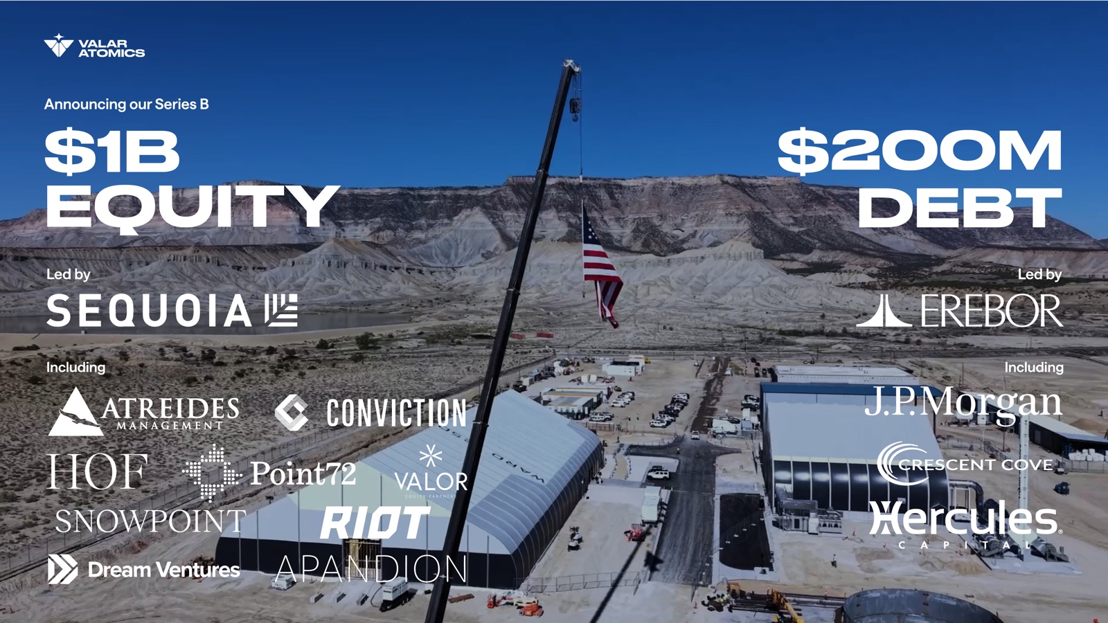 Vue aérienne d’un site de Valar Atomics dans le désert de l’Utah, avec les logos des investisseurs de la série B.