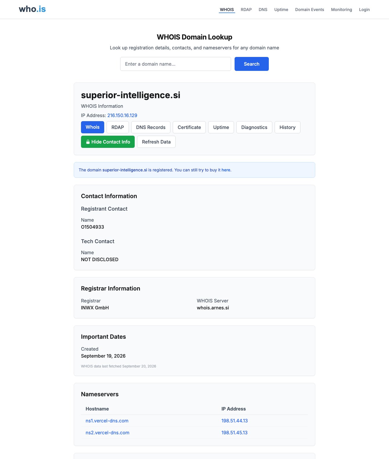Fiche WHOIS who.is de superior-intelligence.si, date de création 19 septembre 2026, registrar INWX GmbH.