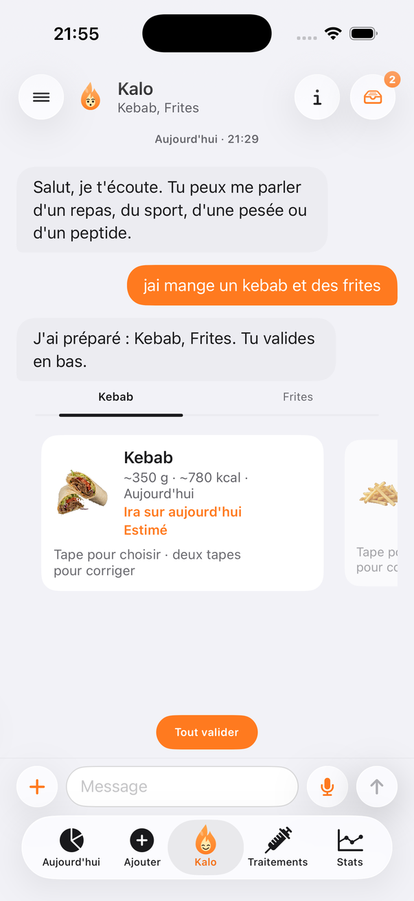 KaloTrack : conversation avec Kalo et cartes de repas à valider dans le build iOS.