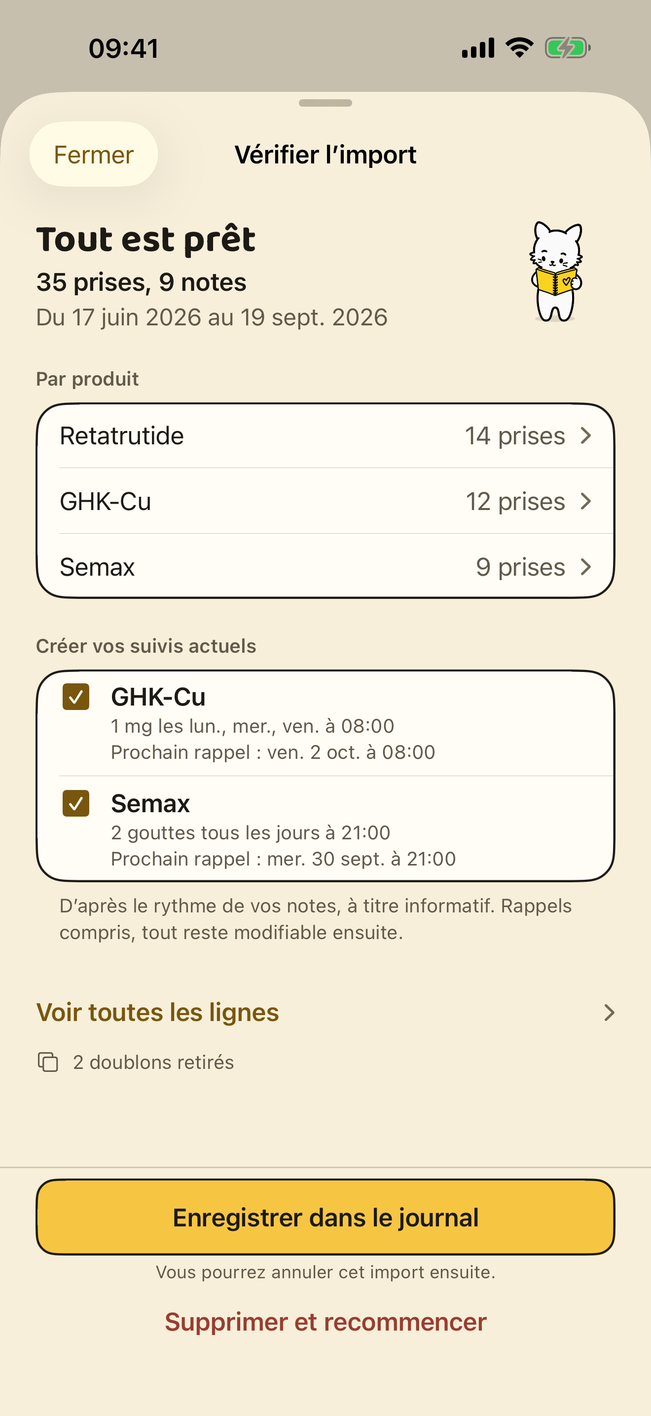 Peptide Journal : vérification des prises retrouvées dans des notes avant de les enregistrer dans le journal.