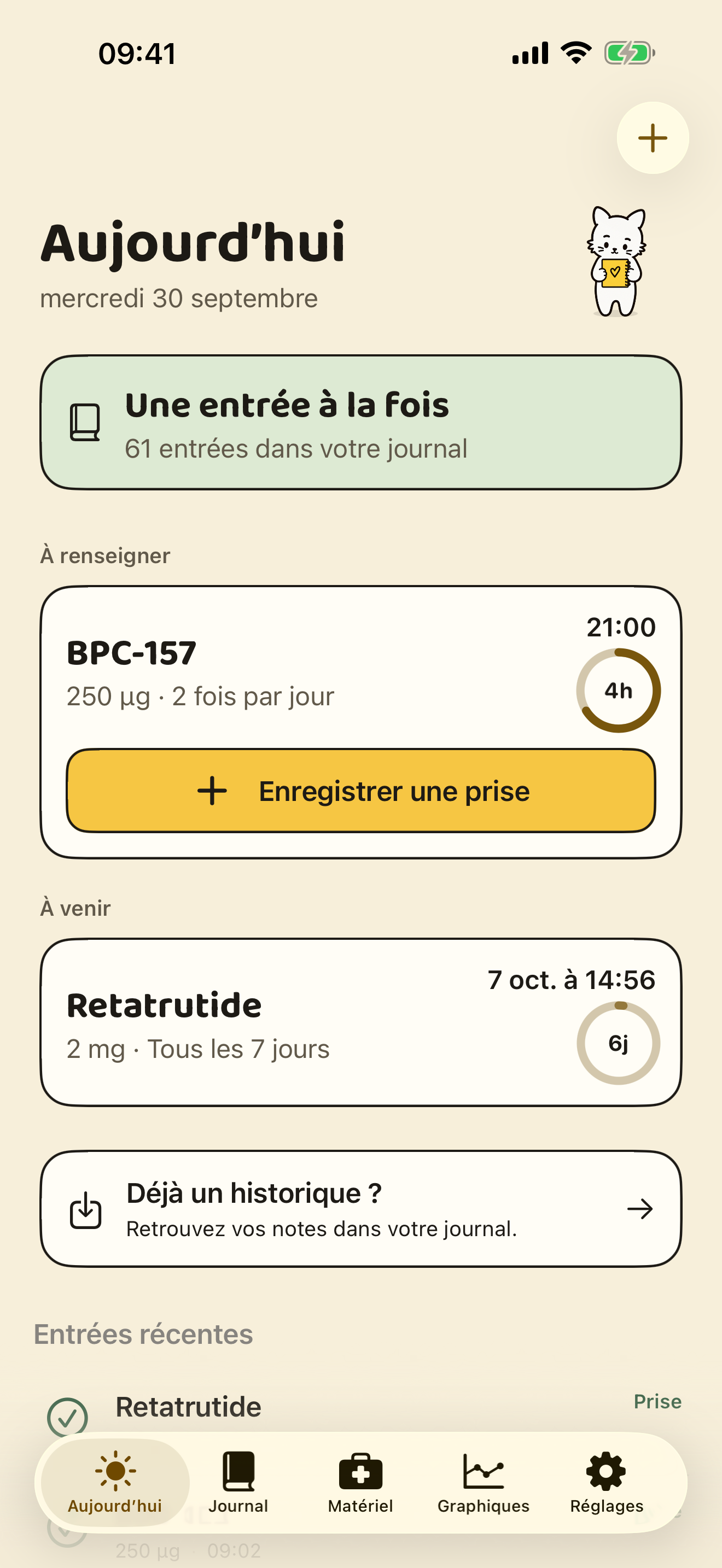 Peptide Journal : accueil avec les prises à renseigner, les prochaines échéances et les entrées récentes.