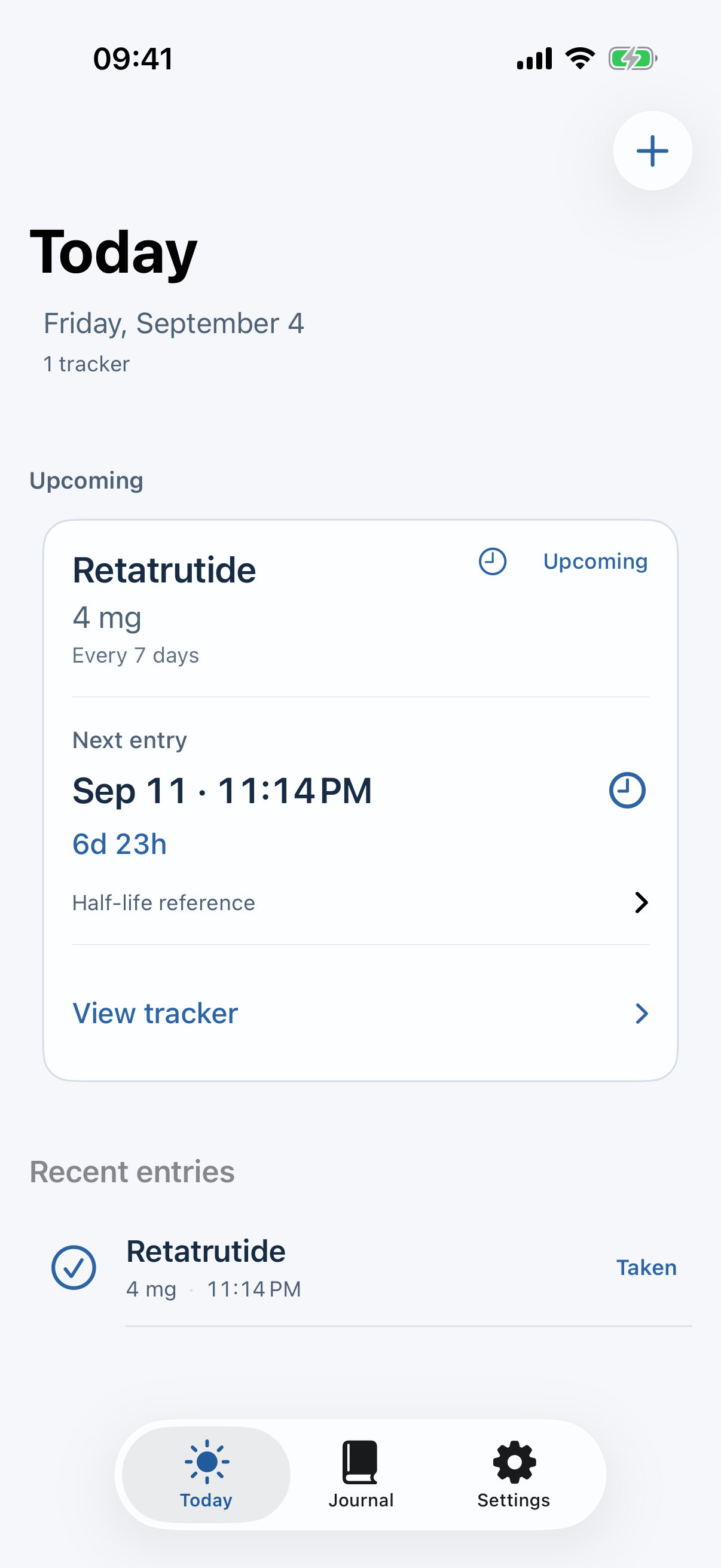 Peptide Journal : écran Today du build iOS, avec calendrier personnel et entrées récentes.