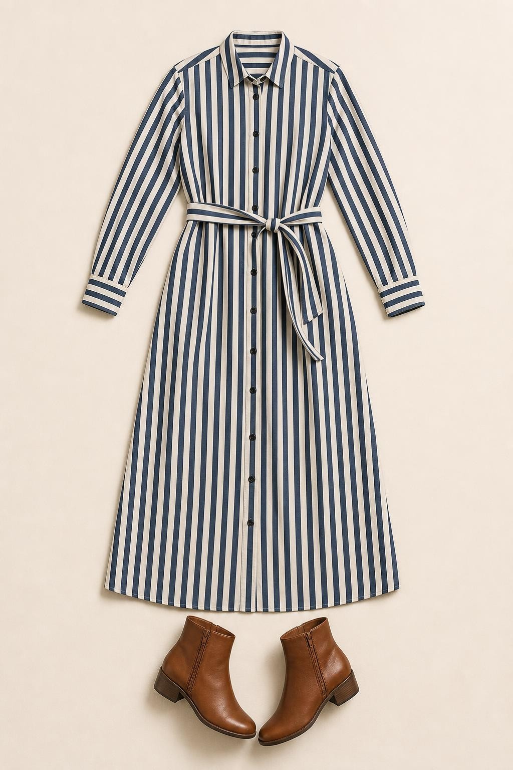 Référence de tenue originale : robe chemise rayée marine et ivoire, ceinture nouée et bottines marron.